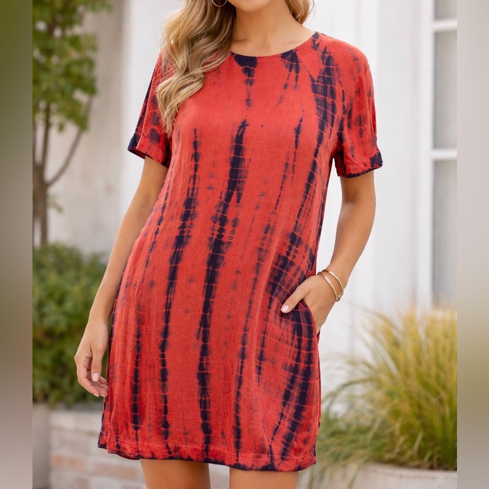 Oliviaceous NWT Women’s Tie Dye Salmon/Navy Shift Dress Boho Swing Size Medium
